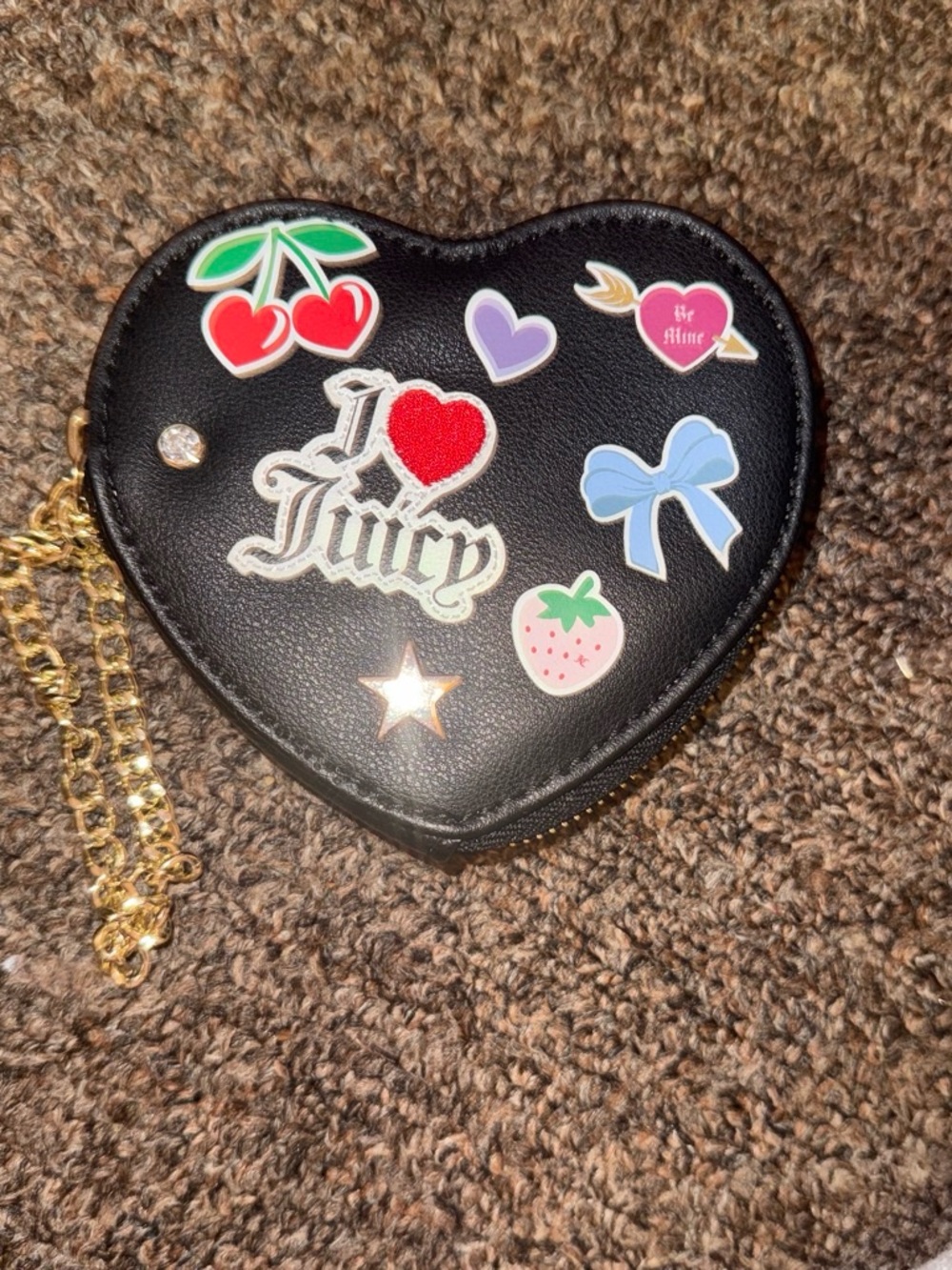 Juicy Couture Black Heart-Shaped Crossbody Bag with Colorful Patch Accents